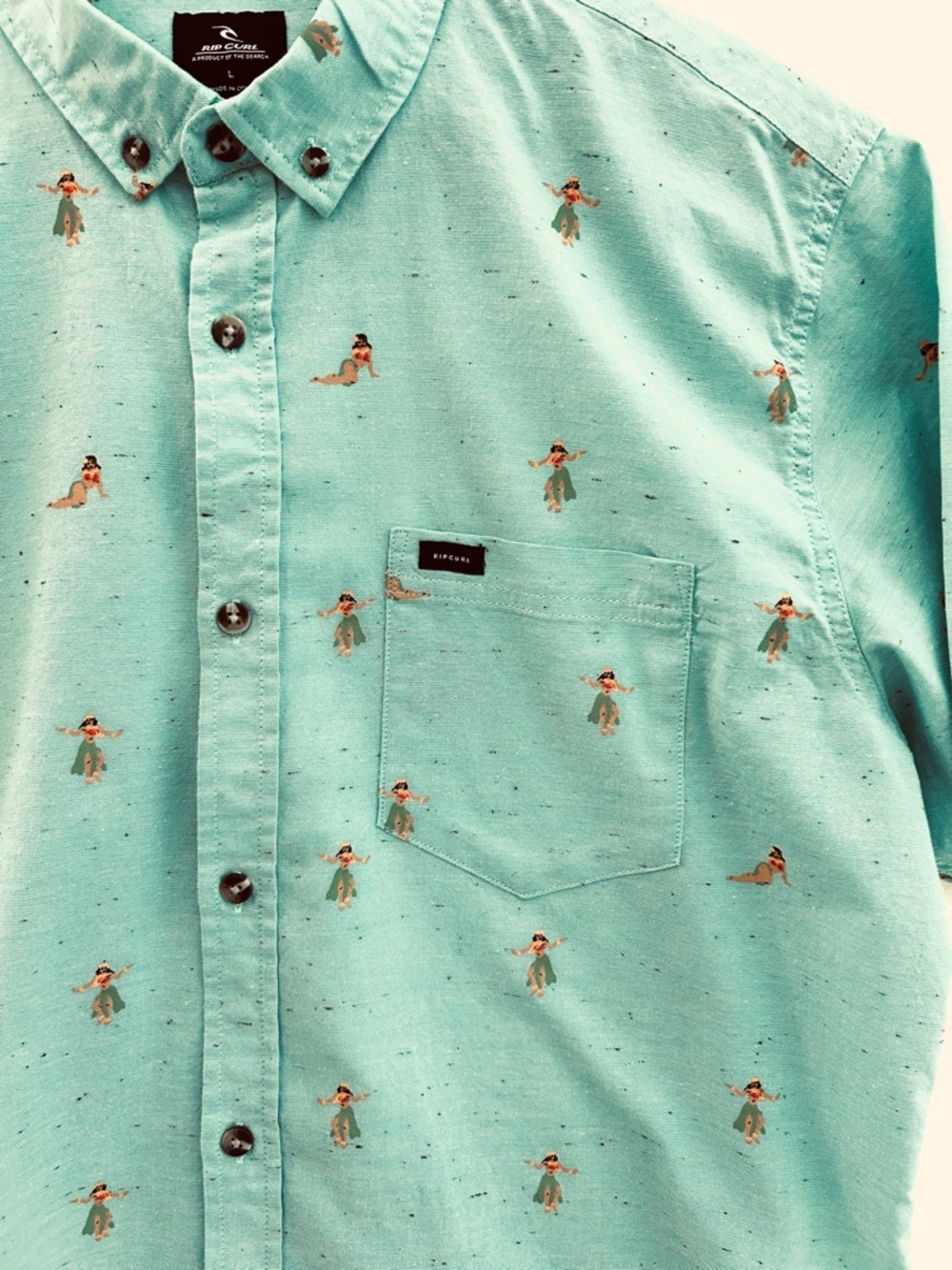 Rip Curl Hawaiian Print Button Down Shirt Large Teal Surf Beach Short Sleeve - Picture 4 of 7